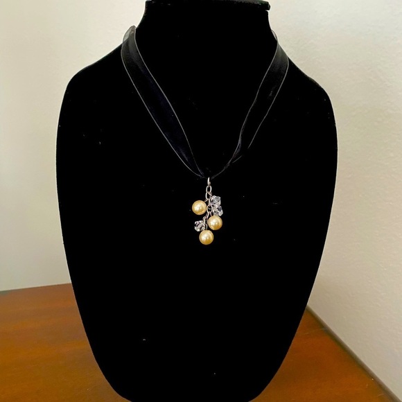 Jewelry - Elegant Black Tulle Necklace w/ Faux Pearls & Crystals on Sterling Silver